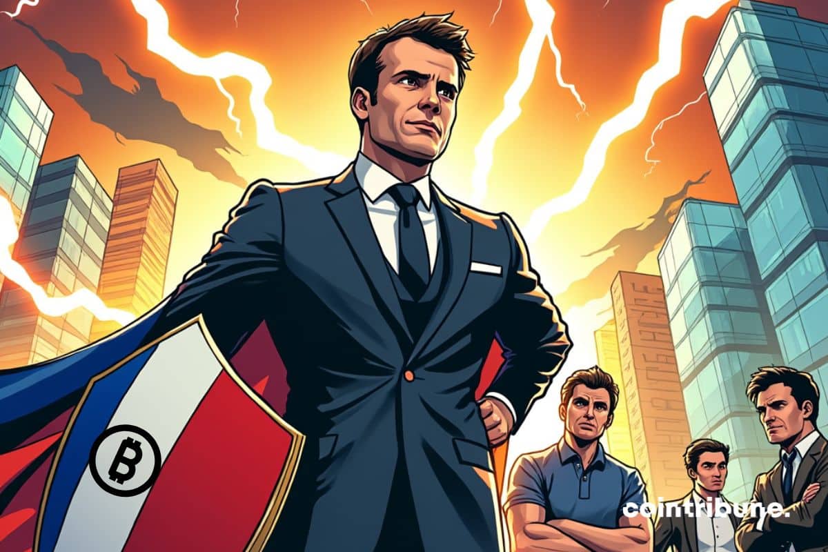 El representante del gobierno en Francia con un escudo para proteger a los criptoemprendedores en segundo plano.