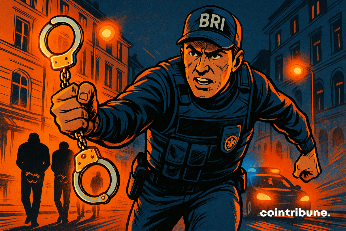 Agent de la BRB en tenue d'intervention, gilet pare-balles, posture dynamique en mouvement, expression déterminée et concentrée pour traquer les criminels crypto. Menottes étincelantes dans sa main, avec en arrière-plan des silhouettes menottées.