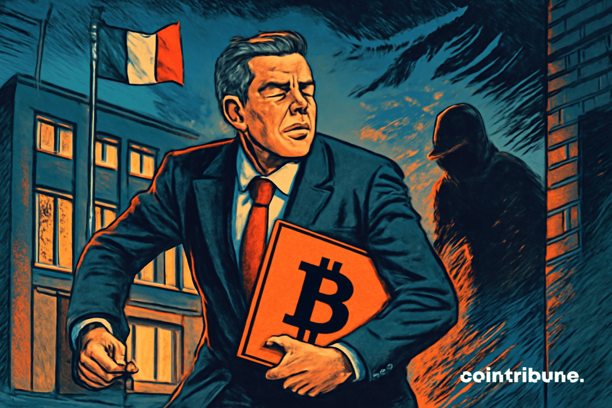 Extérieur, devant un bâtiment gouvernemental moderne au drapeau français flottant. Le Ministre français en costume sombre, visage sérieux et concentré, main droite serrant un dossier où l’on devine des logos crypto stylisés.