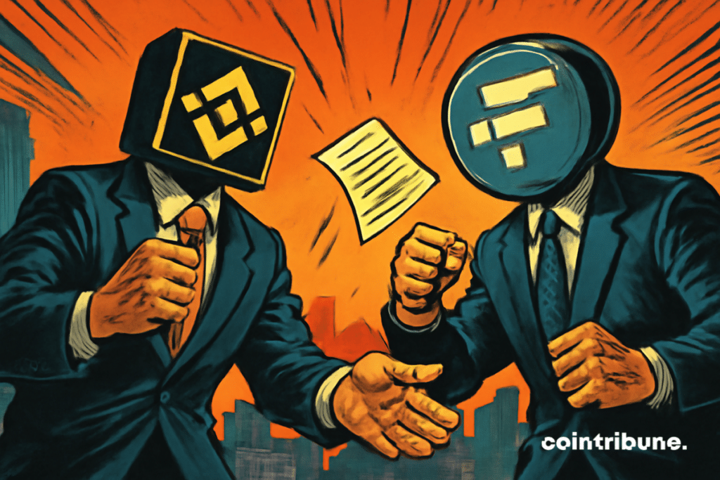 Figure anthropomorphique Binance, calme et confiant, face à FTX, en posture accusatrice.