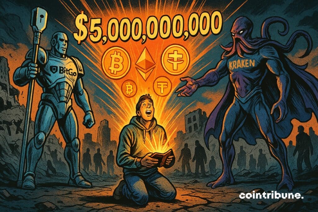 A former FTX crypto investor on his knees with his portfolio boasting  billion and crypto tokens. Next to him are two giants, BitGo and Kraken.