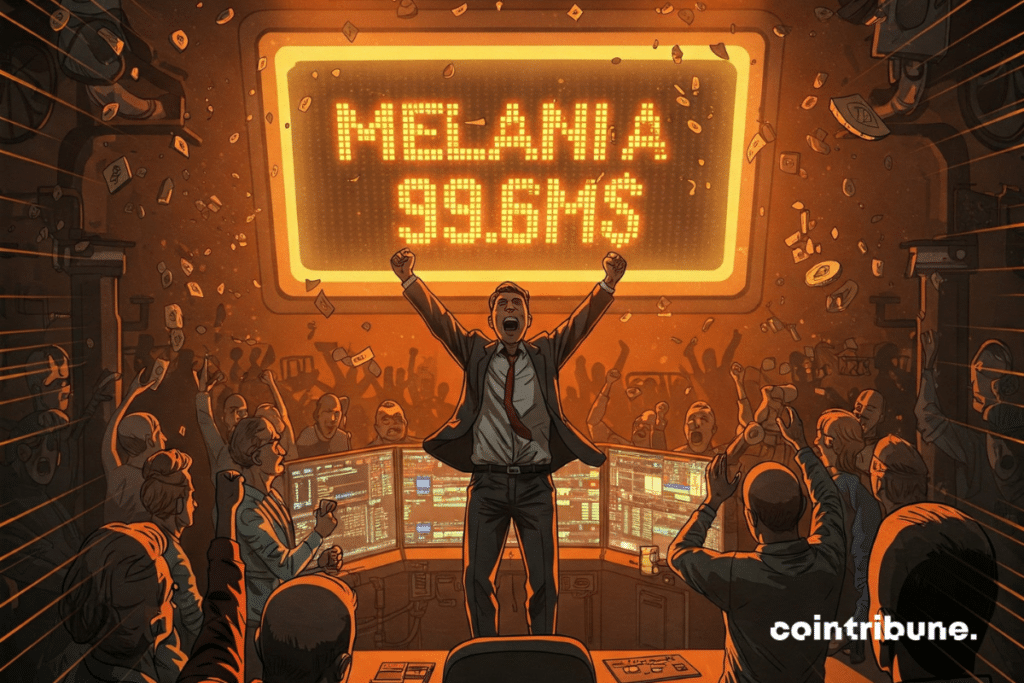 An overexcited crypto trader in front of a screen displaying “MELANIA - .6M”.