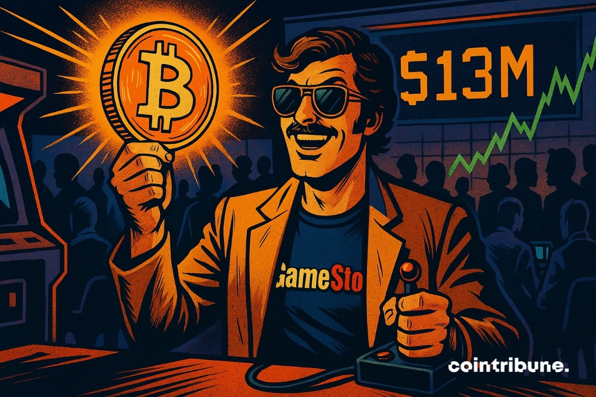 Un responsable de GameStop avec une grosse pièce de bitcoin en main et une manette gaming, heureux après l’acquisition de 513 millions de dollars en BTC.