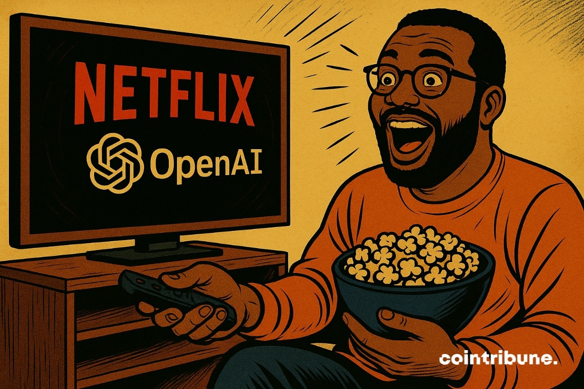 Un utilisateur Netflix devant une télévision qui affiche le logo de Netflix et celui de l’entreprise d’IA OpenAI… signifiant le partenariat entre les deux entités.