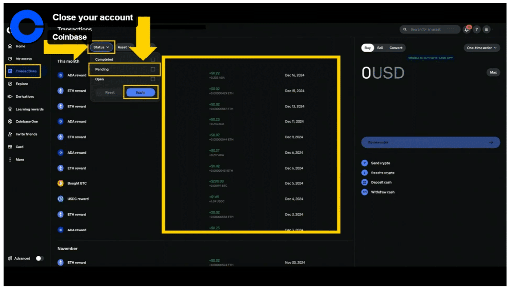 Paramètres Coinbase 