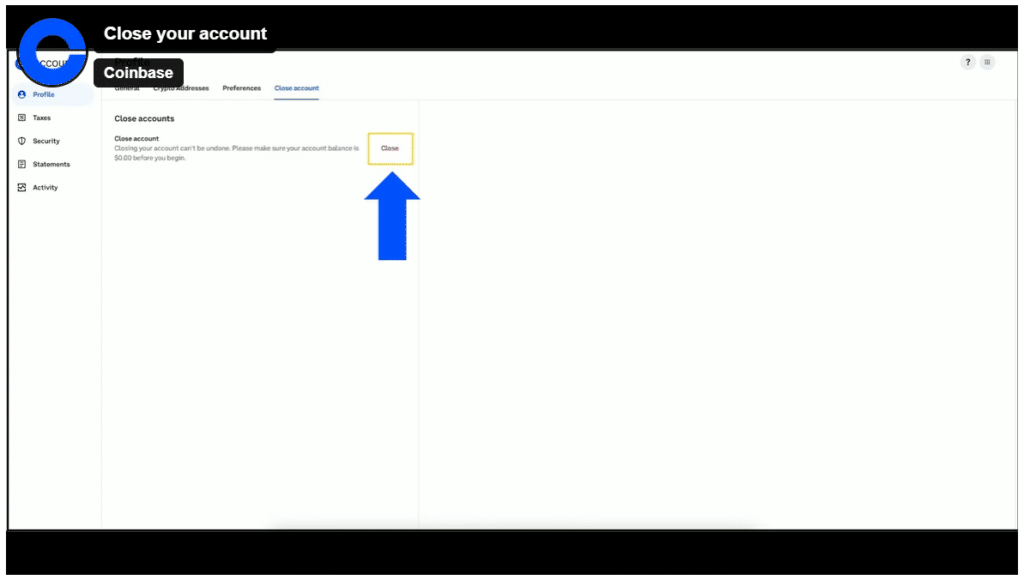 Clôturer le compte Coinbase
