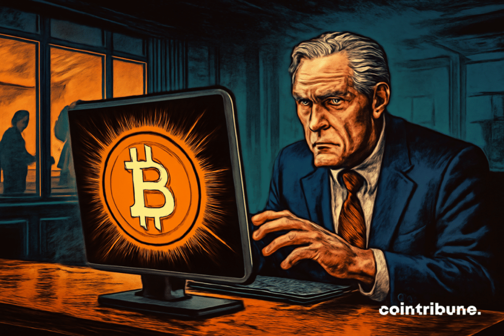 The CEO of JP Morgan sits in a dark suit, his face marked by hesitation, looking towards a screen where a large, shiny Bitcoin appears.