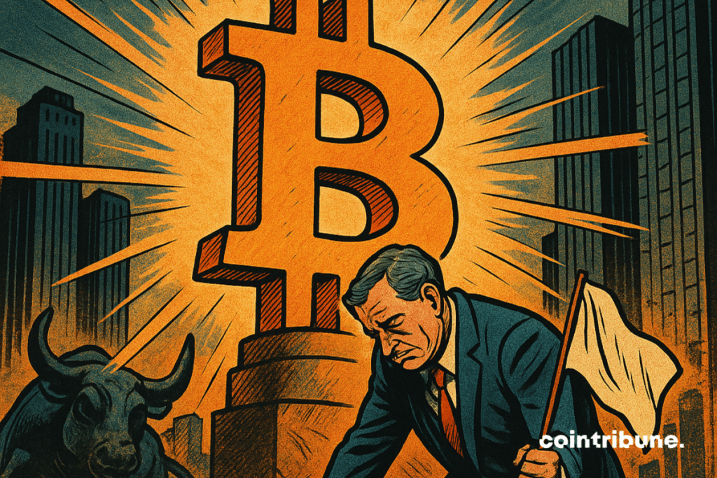 Jamie Dimon tombé au sol, regard choqué, attaché à une mallette JPM. Un taureau cybernétique avec un logo Bitcoin en pleine charge.