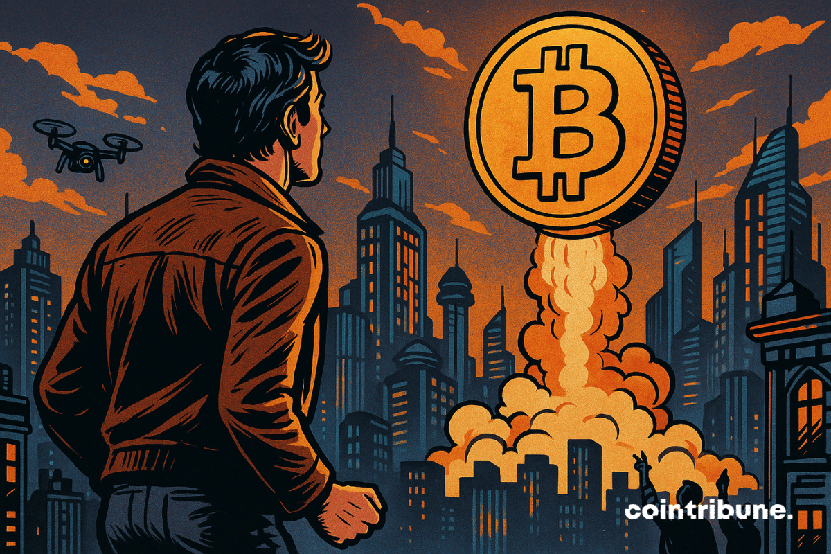 Dans un style bande dessinée des années 70, l’image montre un homme en veste rétro observant, depuis un toit, une gigantesque pièce de Bitcoin s’élevant dans le ciel au-dessus d’une ville futuriste. Propulsée comme une fusée, la pièce illumine les gratte-ciels environnants, tandis que des drones et des passants fascinés complètent la scène. Les tons orange et violet renforcent l’intensité dramatique et technologique du moment.