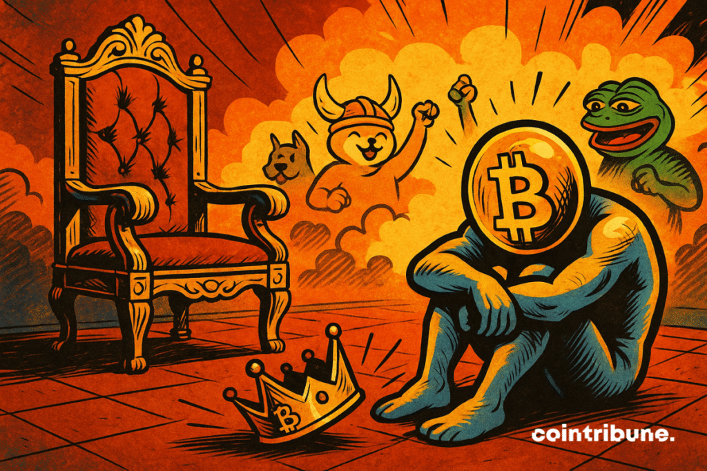 Wide shot of an empty throne, twilight setting, with low-angled light. An anthropomorphized figure representing memecoins, a golden/bronze silhouette, sits on the ground, looking disillusioned. A fallen crown with the Bitcoin logo on it.