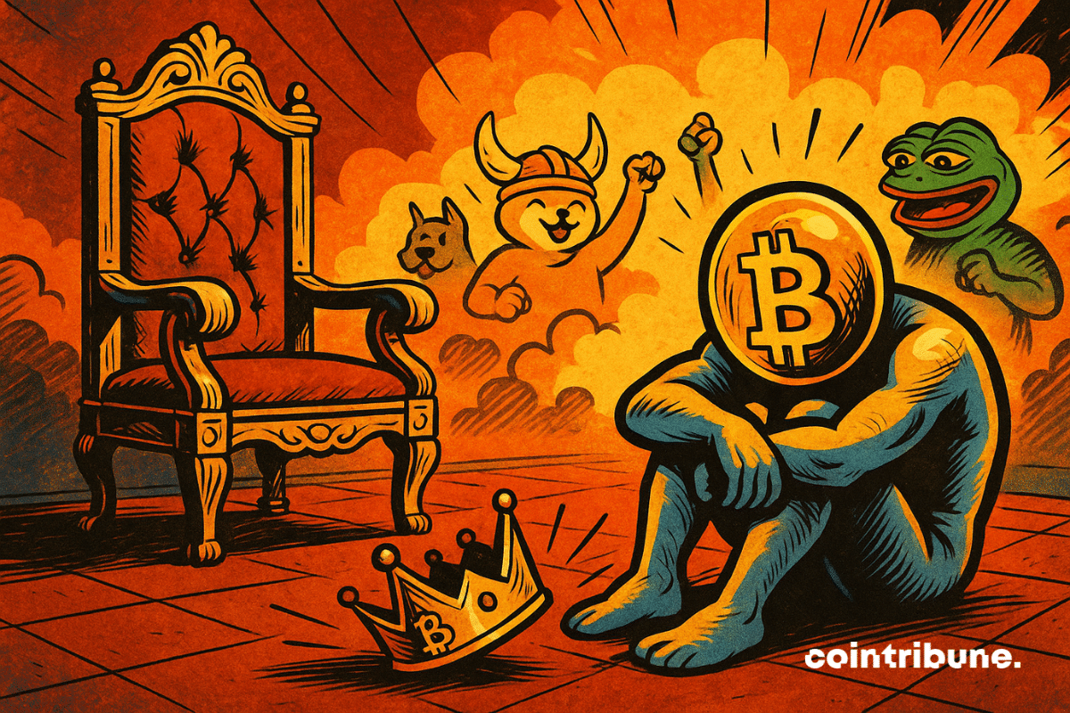 Plan large d’un trône vide, ambiance crépusculaire, avec lumière rasante. Un personnage anthropomorphisé représentant la crypto, silhouette dorée/bronze, assis à terre, l’air désabusé. Une couronne tombée au sol avec le logo Bitcoin dessus.