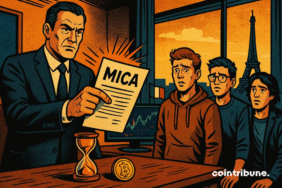 An AMF representative brandishing a MiCA document to French crypto players.