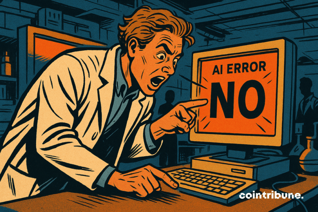MIT researcher in lab coat, pointing with an expression of discovery, leaning forward, focused and revealing gaze. Computer screen displaying AI error with misinterpreted