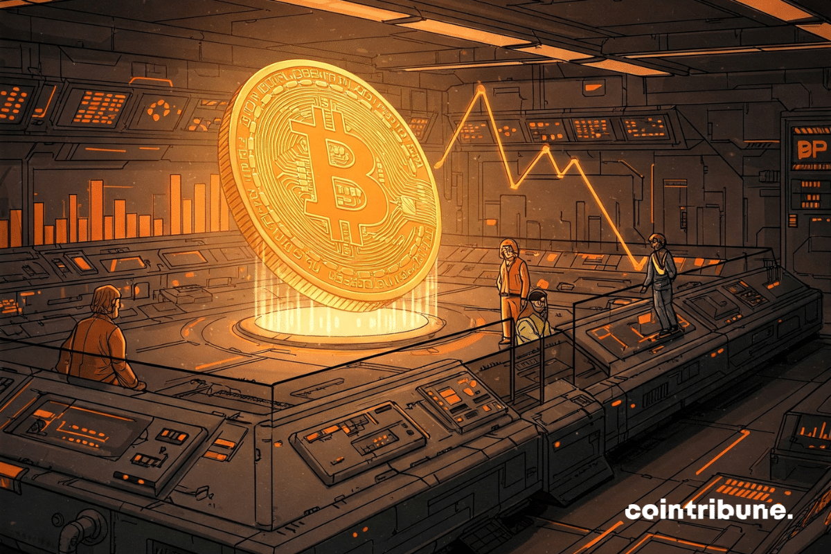 Un exchange presque vide, avec seulement quelques traders et un Bitcoin lumineux flottant au-dessus