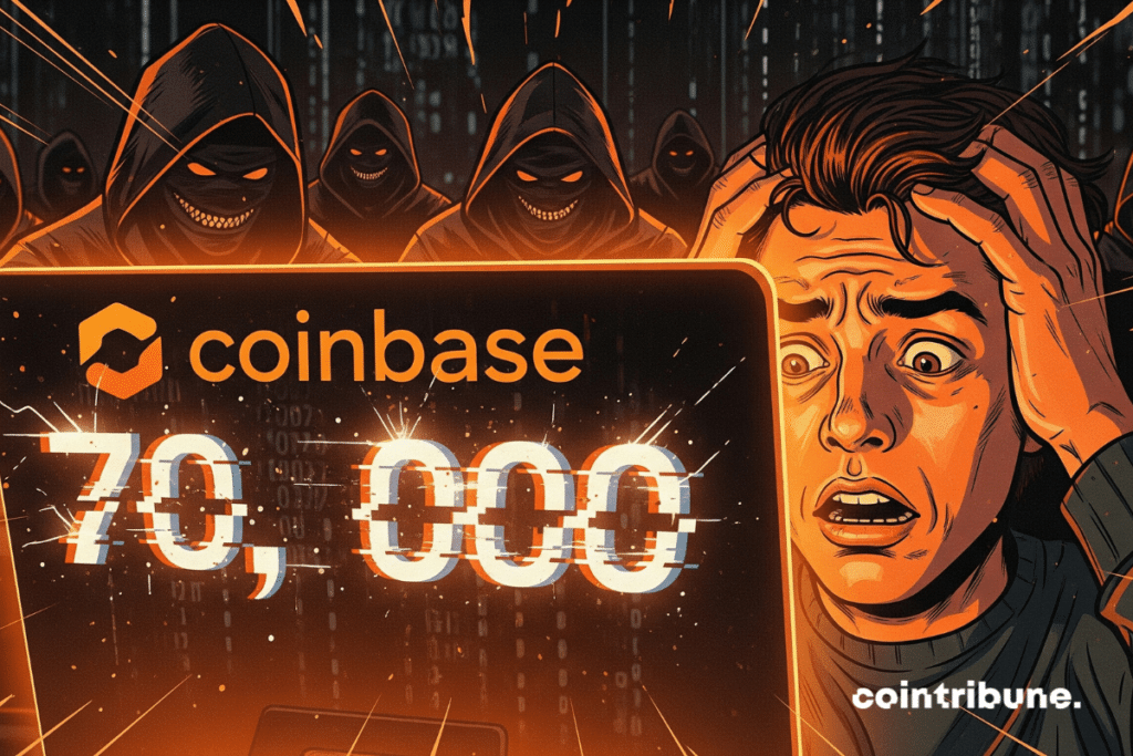 Visage choqué d’un investisseur crypto voyant l’écran Coinbase affichant le chiffre 70 000