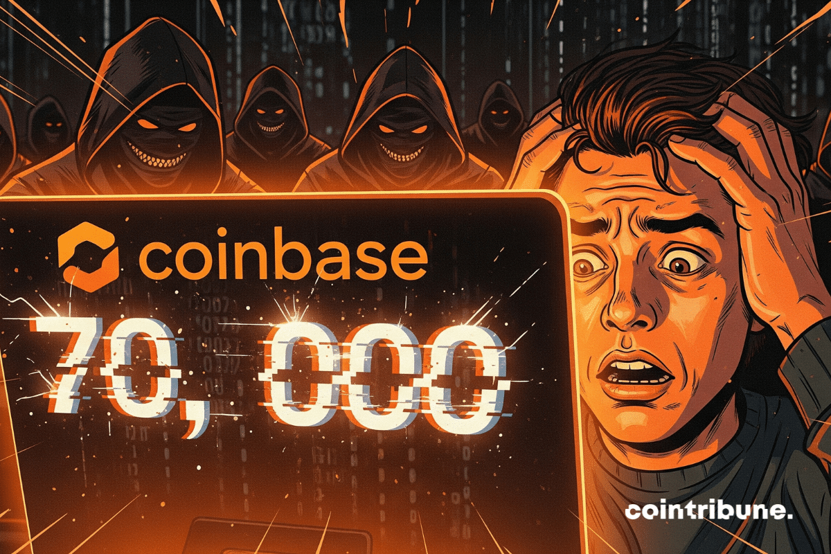 Shocked face of a crypto investor seeing the Coinbase screen displaying the number 70,000