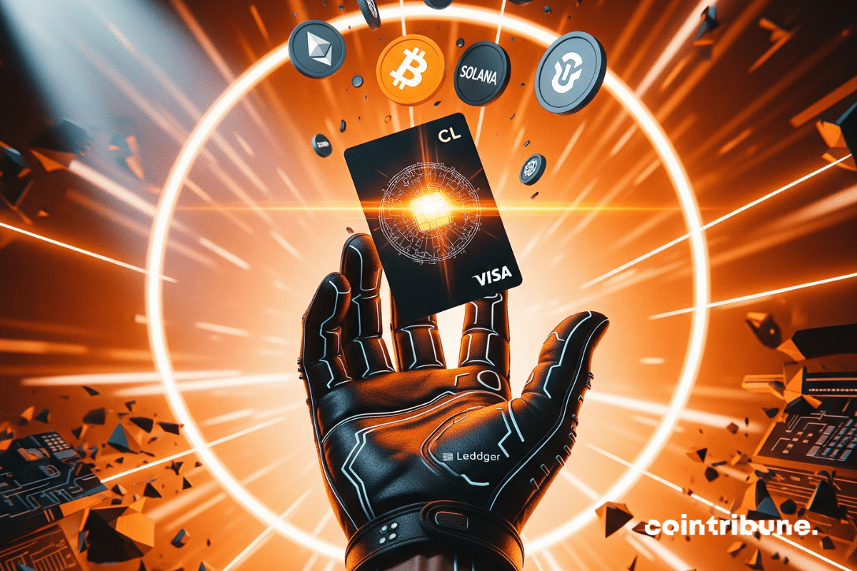 Main héroïque brandissant une carte crypto