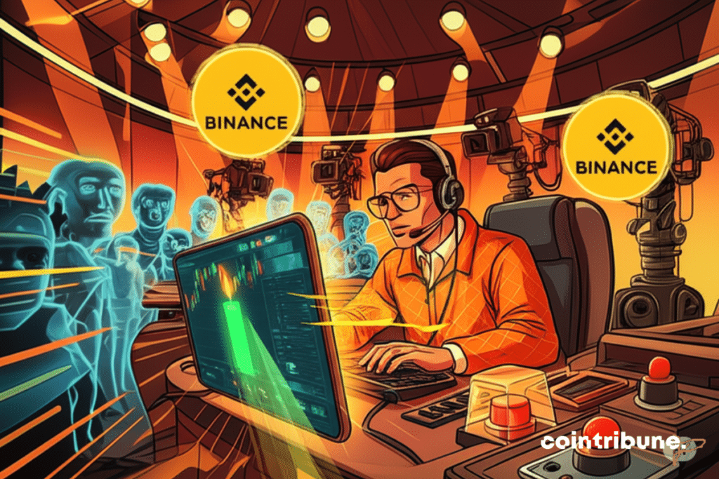 An intense crypto trader in a futuristic 70s studio