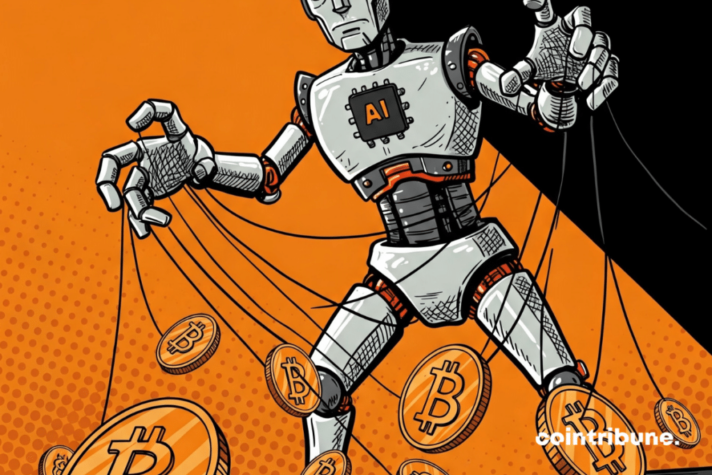 A giant AI pulling cables connected to floating cryptos
