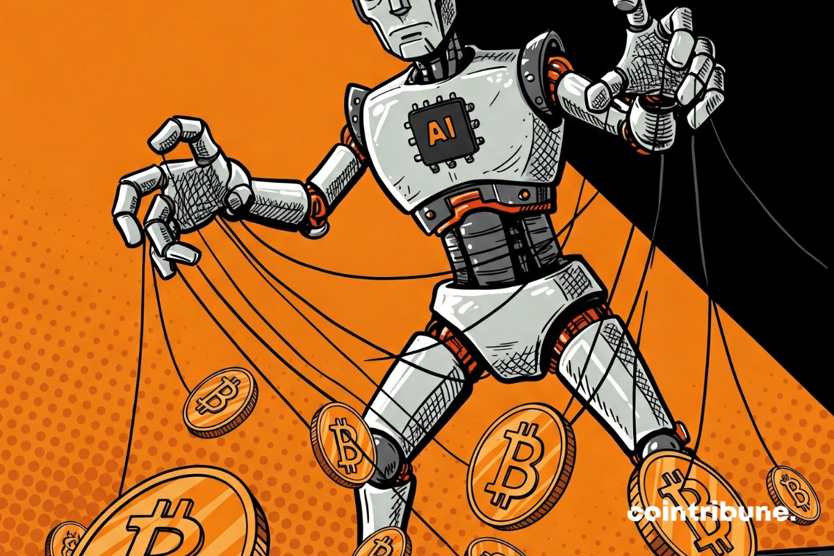 Une IA géante tirant des câbles reliés à des cryptos flottantes