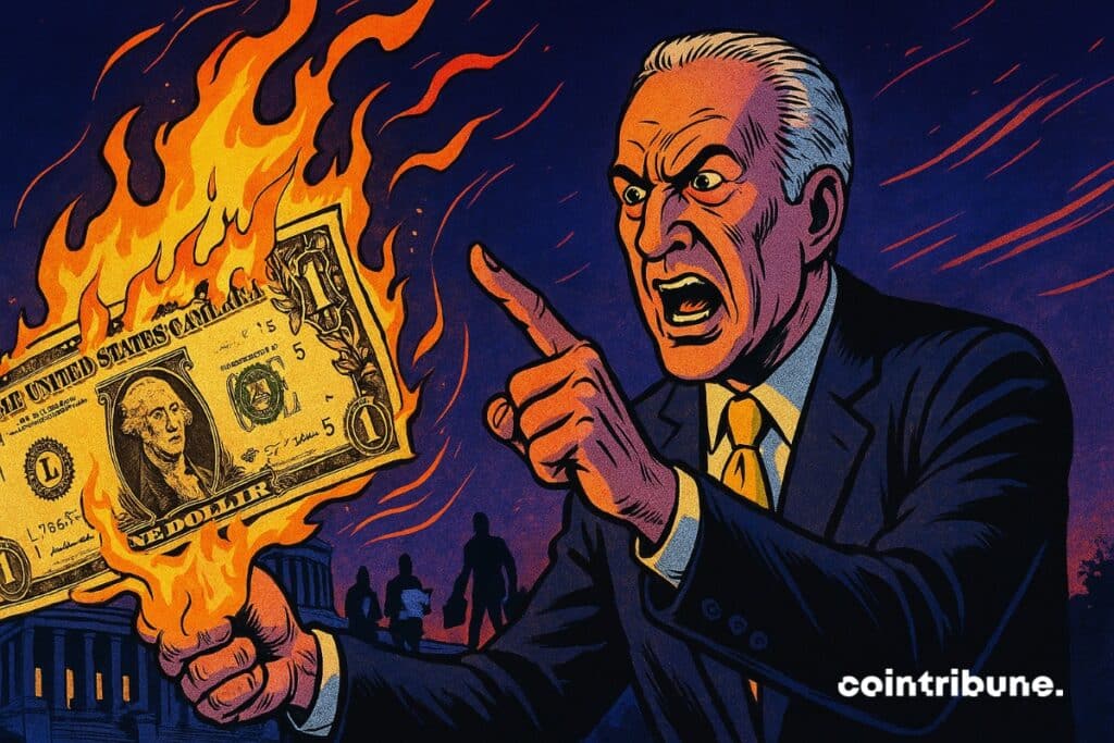 Peter Schiff holding a burning dollar bill.