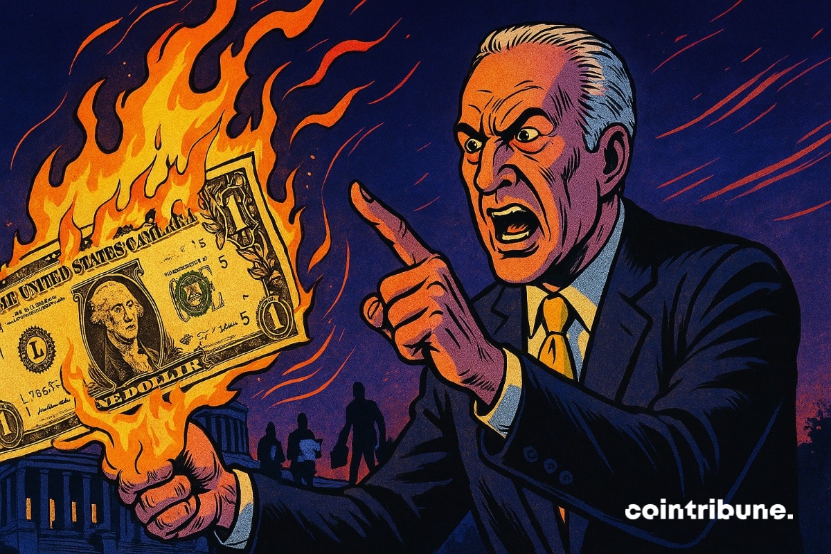 Peter Schiff holding a burning dollar bill.
