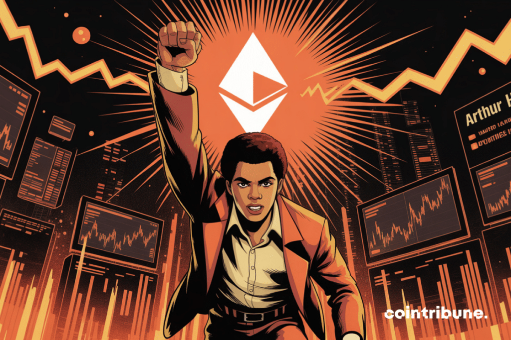 Arthur Hayes, fist raised towards an Ethereum, against a backdrop of soaring financial charts