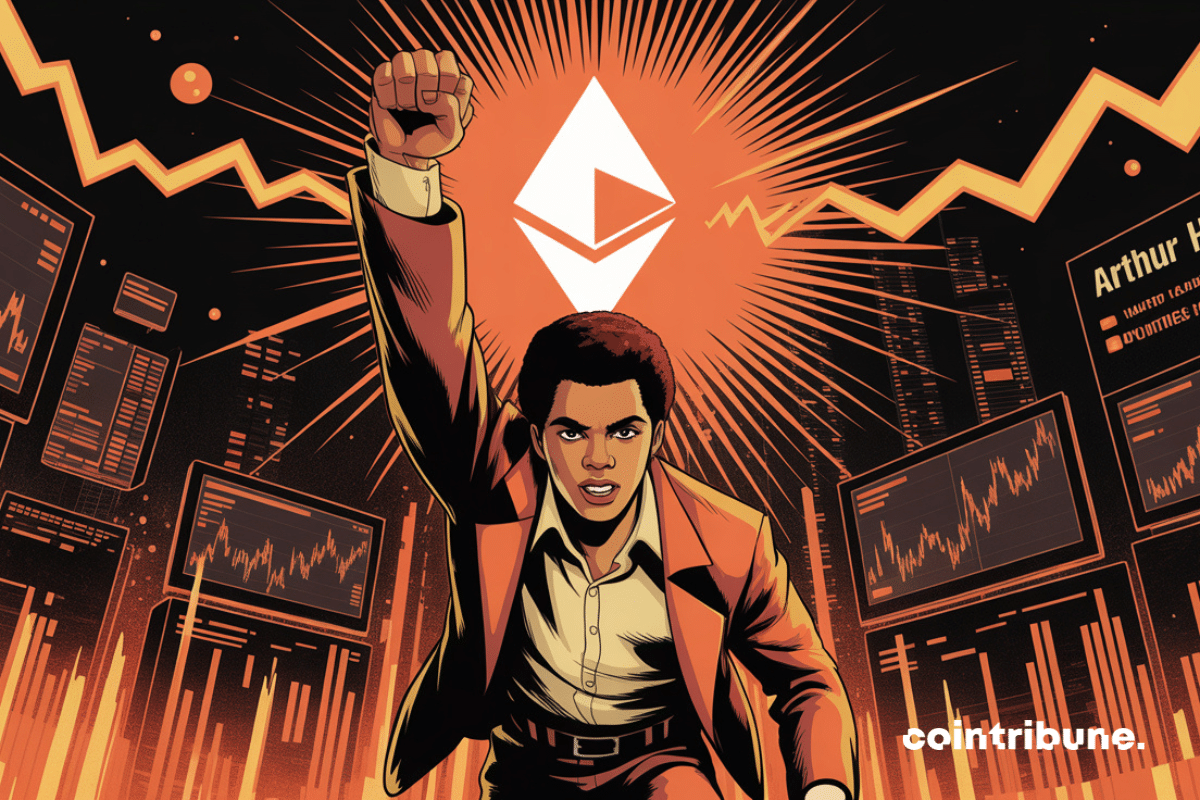 Arthur Hayes, poing levé vers un Ethereum, sur un fond de graphiques financiers en ascension