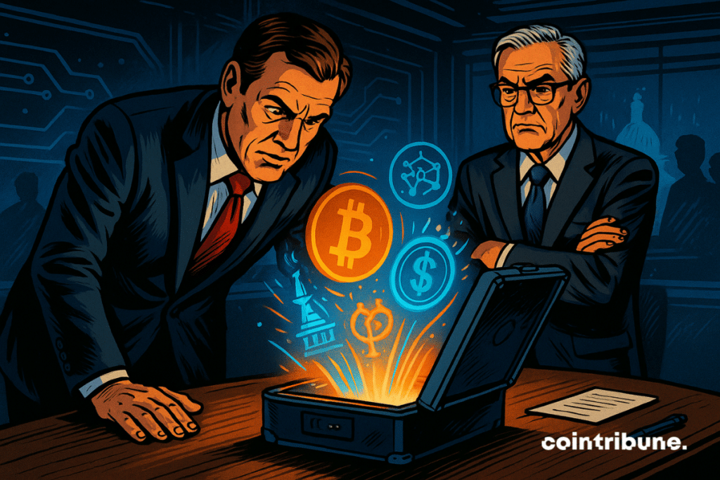 Two decision-makers observe emerging currency tokenization through a futuristic digital vault