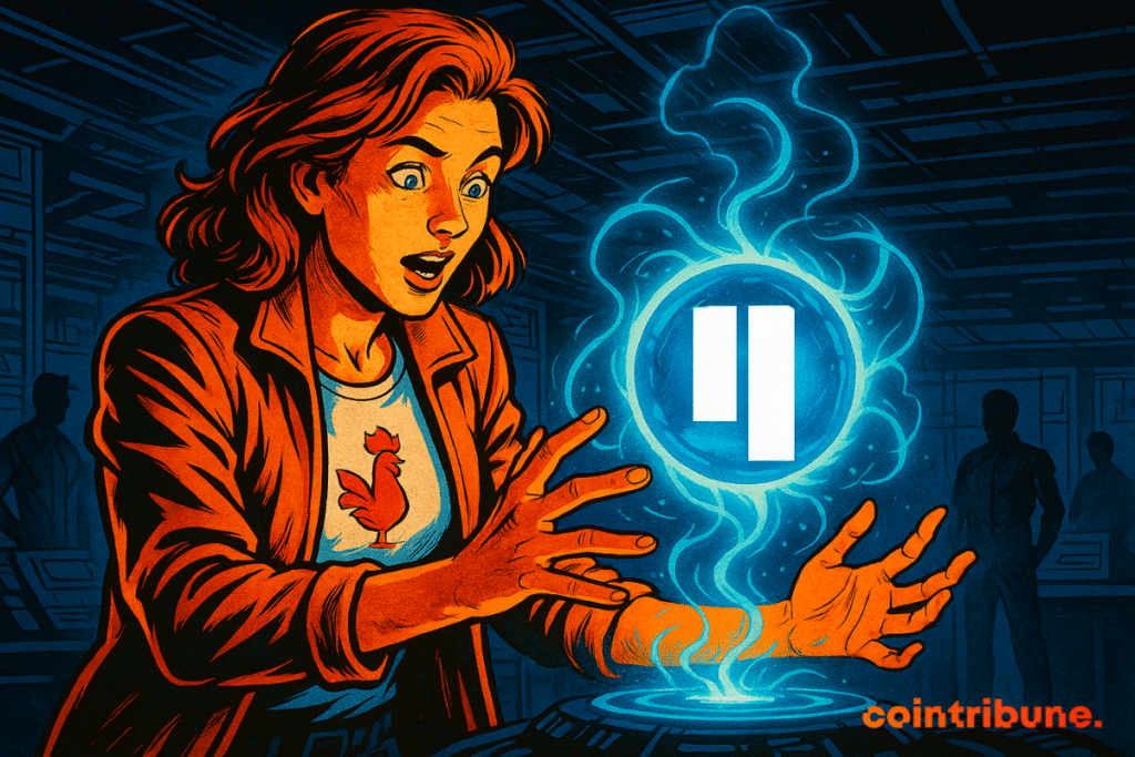 A surprised woman wearing a rooster T-shirt interacts with a glowing futuristic orb displaying the Qubic logo, surrounded by blue energy, in a tech lab.