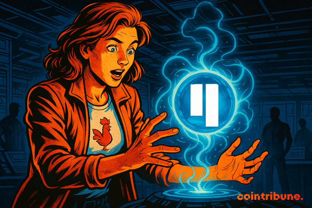 Uma mulher surpresa vestindo uma camiseta de galo interage com uma esfera futurista brilhante exibindo o logotipo da Qubic, cercada por energia azul, em um laboratório de tecnologia.