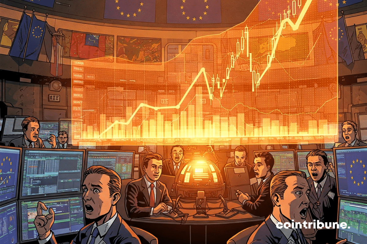 Stock market in Europe with an electrifying atmosphere and characters reacting to a meteoric rise on their screens