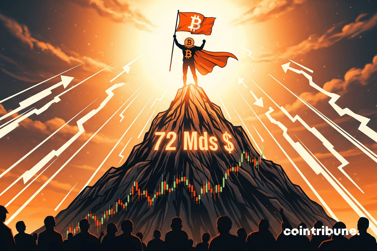 Una silueta humana personificada por Bitcoin, una postura vibrante y dinámica, no es la cima de la montaña.