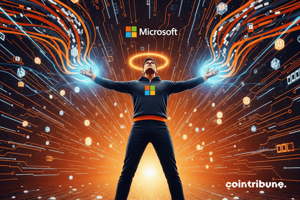 Un avatar estilizado de Microsoft, debutante en el centro de un sol digital con motivos auxiliares blockchain con los sujetadores grandes abiertos