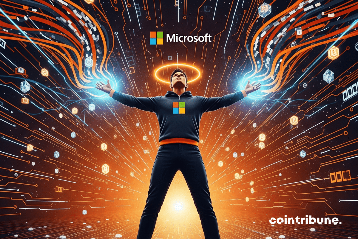 Un avatar estilizado de Microsoft, debutante en el centro de un sol digital con motivos auxiliares blockchain con los sujetadores grandes abiertos