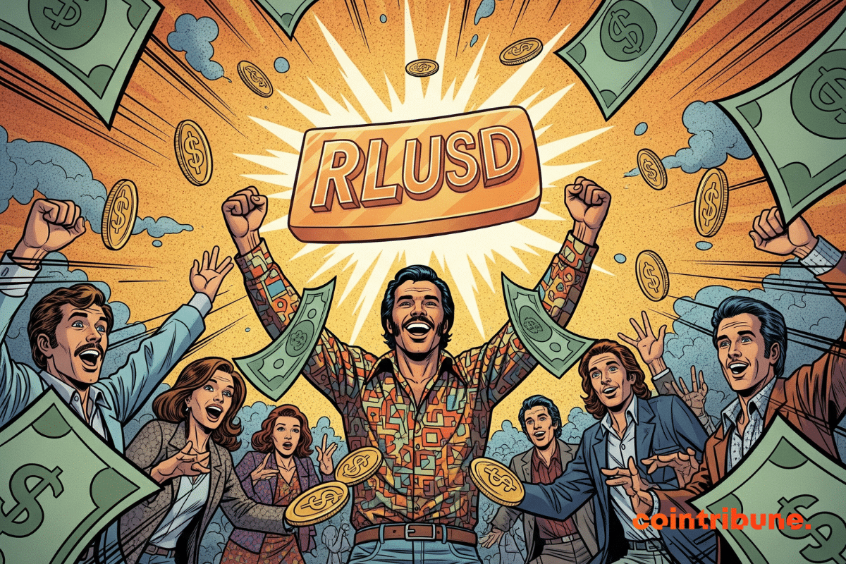 An ecstatic crowd throws money and coins in the air as a charismatic man celebrates holding a shining RLUSD bar in a retro comic-book style illustration.
