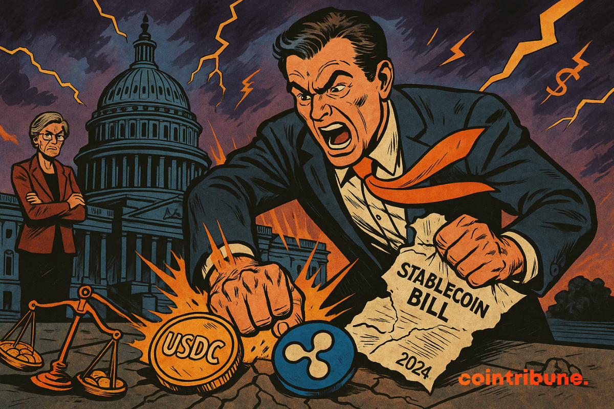 Un homme en colère déchire un papier intitulé « Stablecoin Bill 2024 » tout en tapant du poing sur des pièces d'USDC et de Ripple devant le Capitole des États-Unis, sous le regard de la sénatrice Warren.