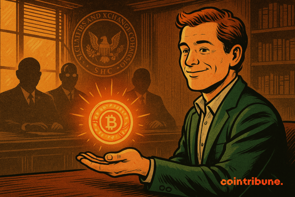 A confident man in a suit presents a glowing Bitcoin token in a meeting room, with SEC officials and the official seal in the background.