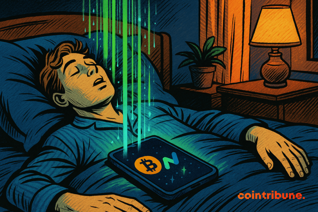 A man sleeps peacefully in bed with a glowing phone on his chest displaying Bitcoin and a Runbot logo, as green light beams stream into him from above.