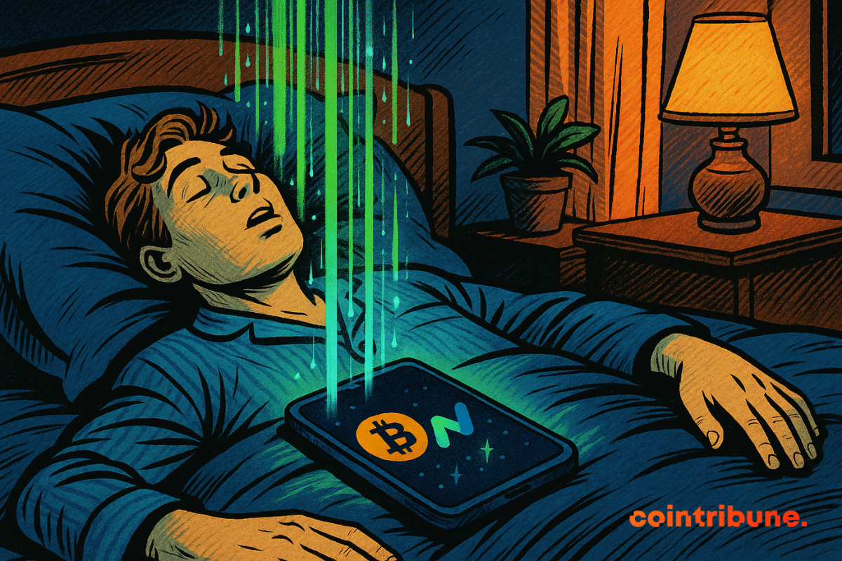 A man sleeps peacefully in bed with a glowing phone on his chest displaying Bitcoin and a Runbot logo, as green light beams stream into him from above.