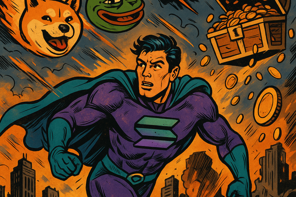 A superhero playing Solana (purple/green costume with lines reminiscent of the logo). He runs up a building, catching a bright glow.
