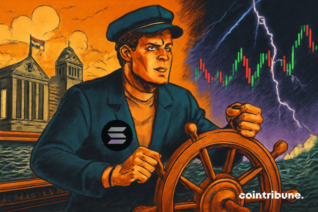 Solana is a charismatic captain, a human-like figure in a half-tech, half-classic suit, a navy blue jacket with a large, glowing Solana logo on his chest. He firmly grips a shiny metal rudder adorned with an orange halo. His face expresses intense concentration, his brows furrowed, his jaw set, ready to face any challenge.