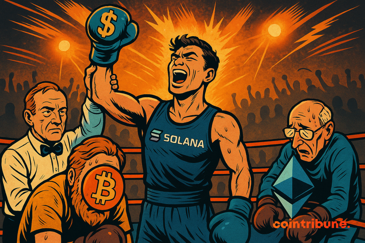 Sur un ring de boxe, un boxeur Solana triomphant lève un poing ganté d’un symbole dollar, tandis que Bitcoin et Ethereum, exténués, s’inclinent sous les yeux du public et d’un arbitre.