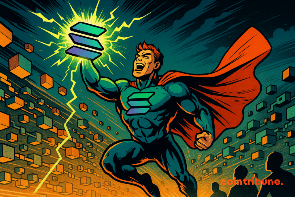 Un super-héros puissant en costume bleu et orange, arborant le logo Solana sur sa poitrine et brandissant un symbole lumineux, vole héroïquement à travers un univers rempli de blocs numériques et d’énergie.