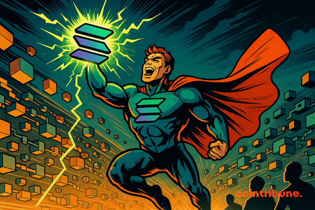 Un poderoso superhéroe con un traje azul y naranja, que luce el logo de Solana en su pecho y empuña un símbolo brillante, vuela heroicamente a través de un universo lleno de bloques digitales y energía.
