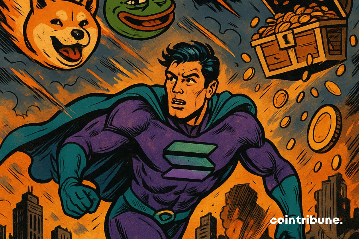 Um super-herói interpretando Solana (fantasia roxa/verde com listras que lembram o logotipo). Ele corre por um prédio, recebendo um brilho intenso.