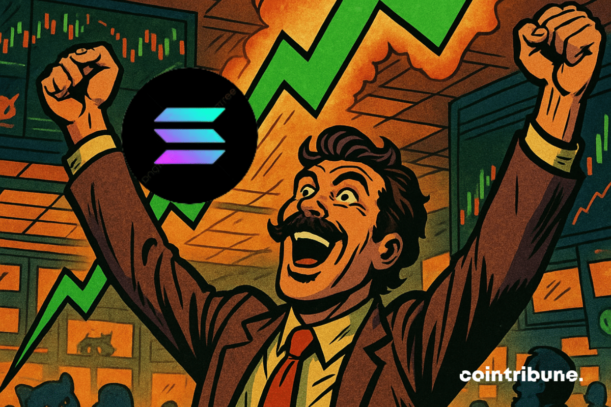 An exalted Solana trader (70s suit, wide tie, moustache) raises his arms towards a giant graph. A huge green arrow pierces the ceiling, with “.75B” at its apex.