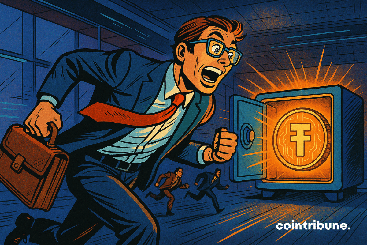 Un inversor estadounidense en criptomonedas, vestido con un traje ajustado, con gafas tecnológicas y sosteniendo un maletín. Inclinándose hacia adelante, corriendo hacia una bóveda digital abierta llena de monedas estables.