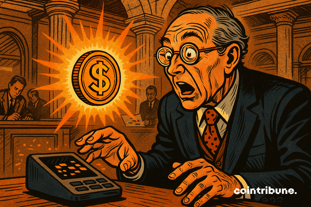 Un banquier âgé en costume trois pièces, lunettes rondes. Penché vers l’avant, bouche entrouverte, yeux agrandis de fascination. Des stablecoins flottant au-dessus d’un terminal numérique, avec un halo lumineux orange.