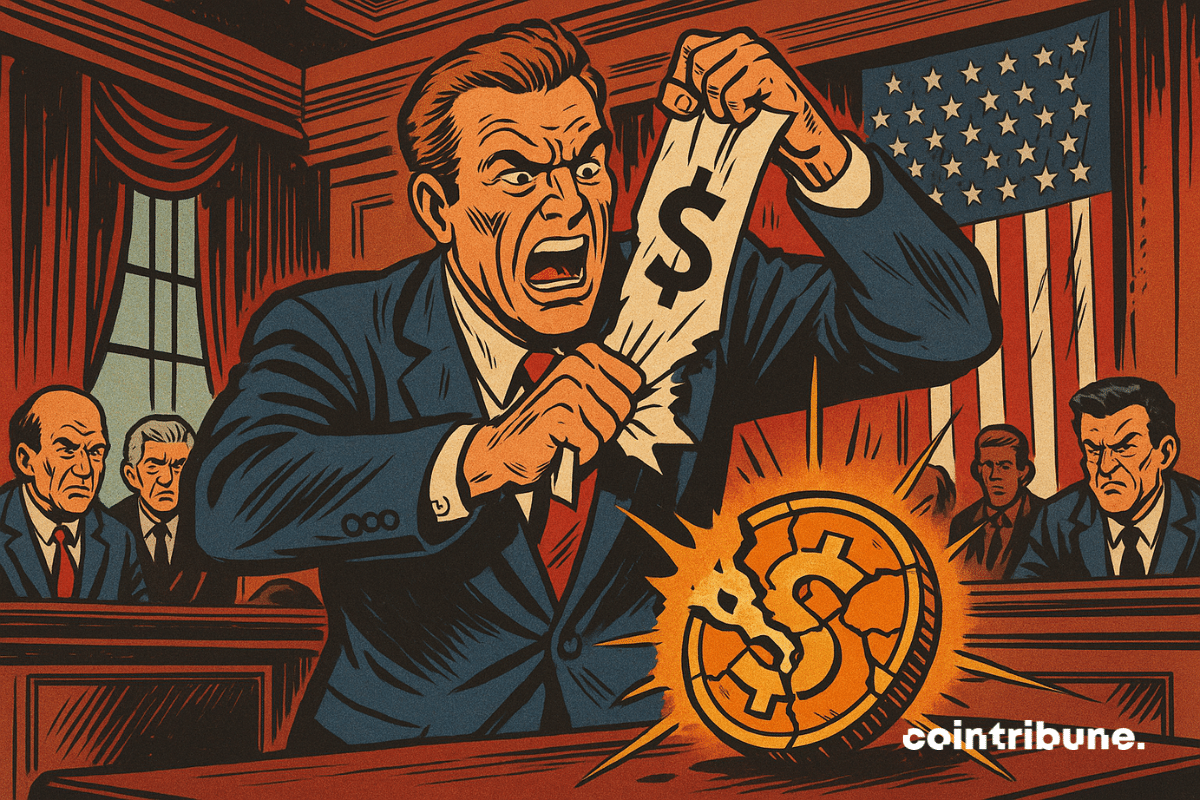 Interior del Senado de los Estados Unidos, iluminación dramática, plano ligeramente bajo para acentuar la tensión. Un senador con traje oscuro, la corbata aflojada, postura agresiva, brazo en alto, rompiendo un documento en el billete de stablecoin marcado con un dólar simbólico.